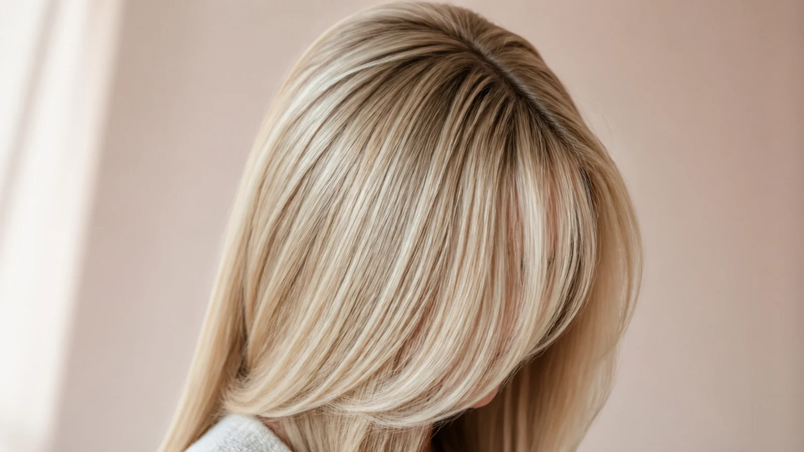 Pin-straight fine blonde hair with root lift at the crown and a lash-skimming curtain fringe