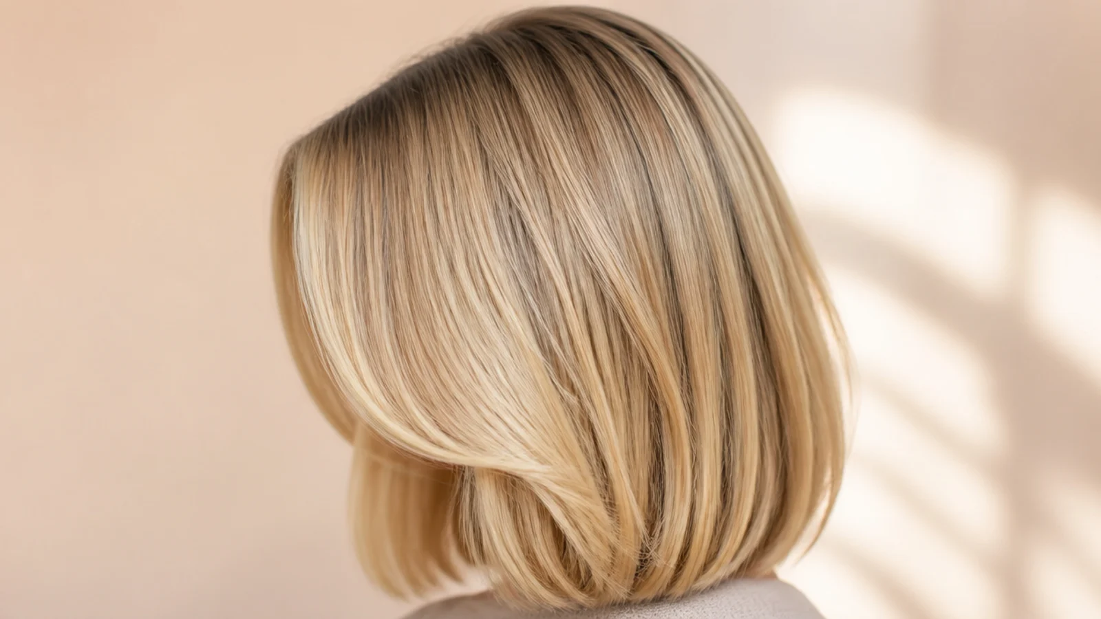 Straight collarbone-length blonde lob with curtain bangs and softly tapered ends