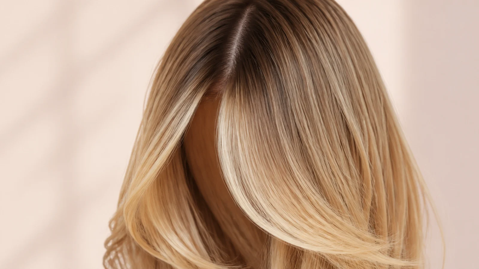 Straight blonde hair with two brighter money-piece panels framing the face at the center part