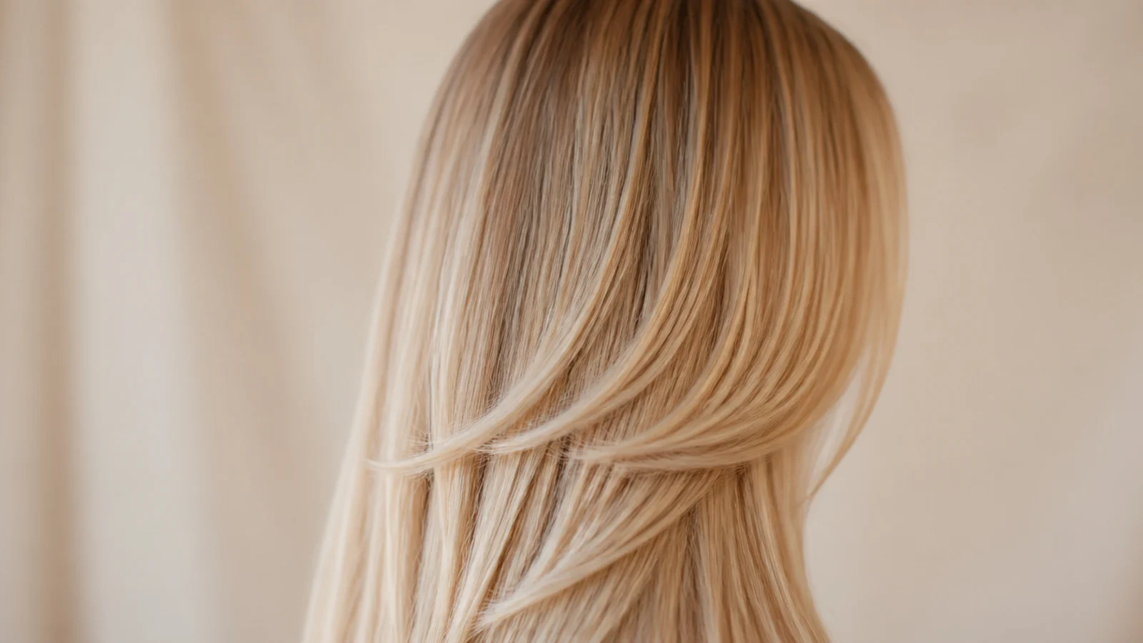 Long straight blonde hair with butterfly layers showing a shorter chin-length top layer over long lengths