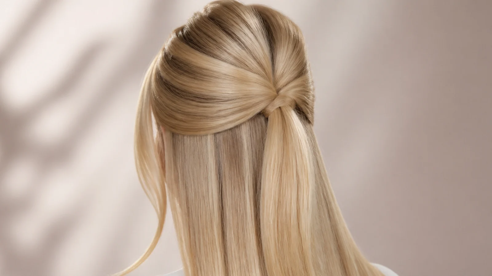 Half-up sleek straight blonde hair secured at the crown with two face-framing pieces left loose