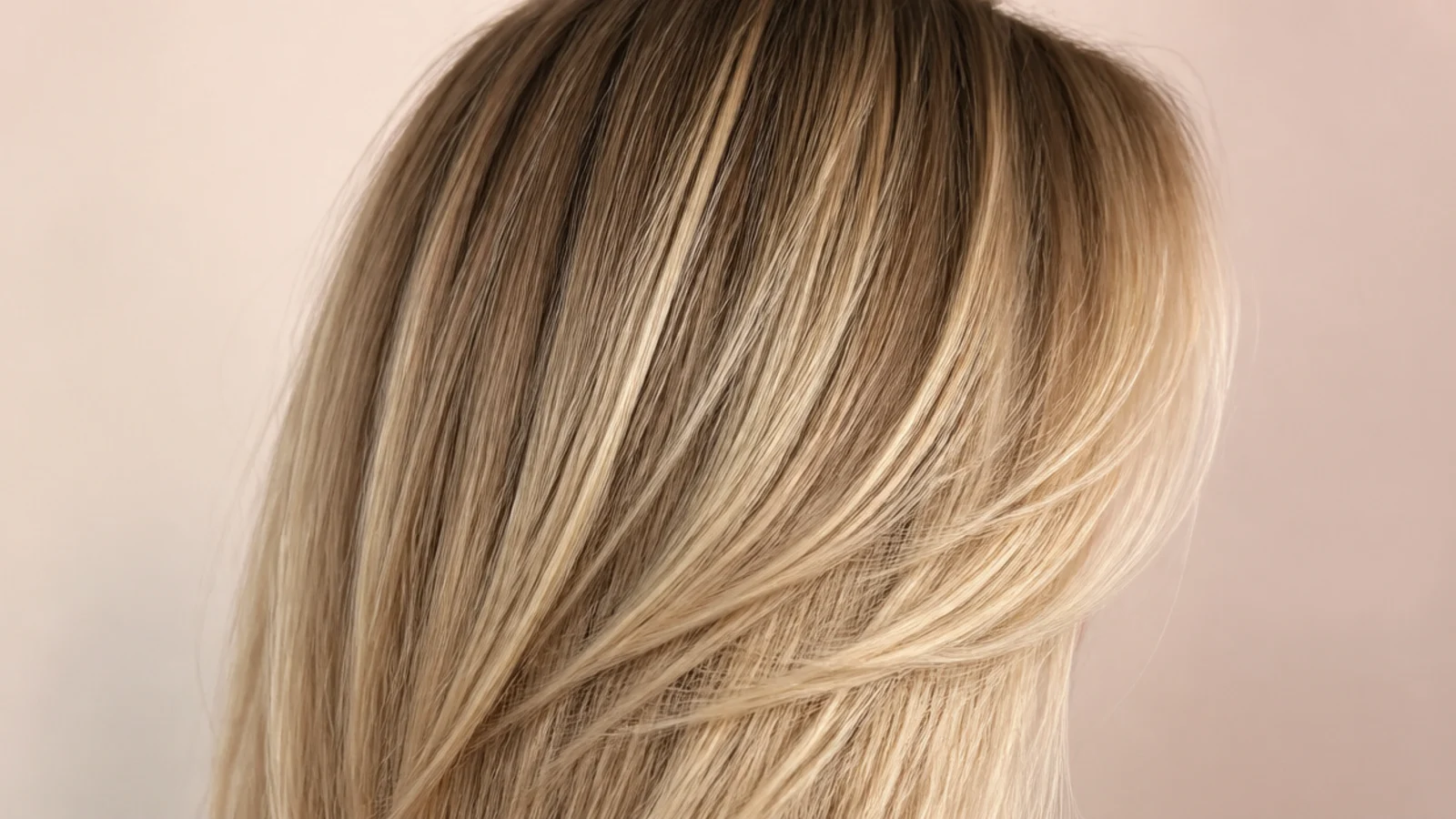 Straight blonde hair with a deeper shadow root melting into buttery blonde mid-lengths