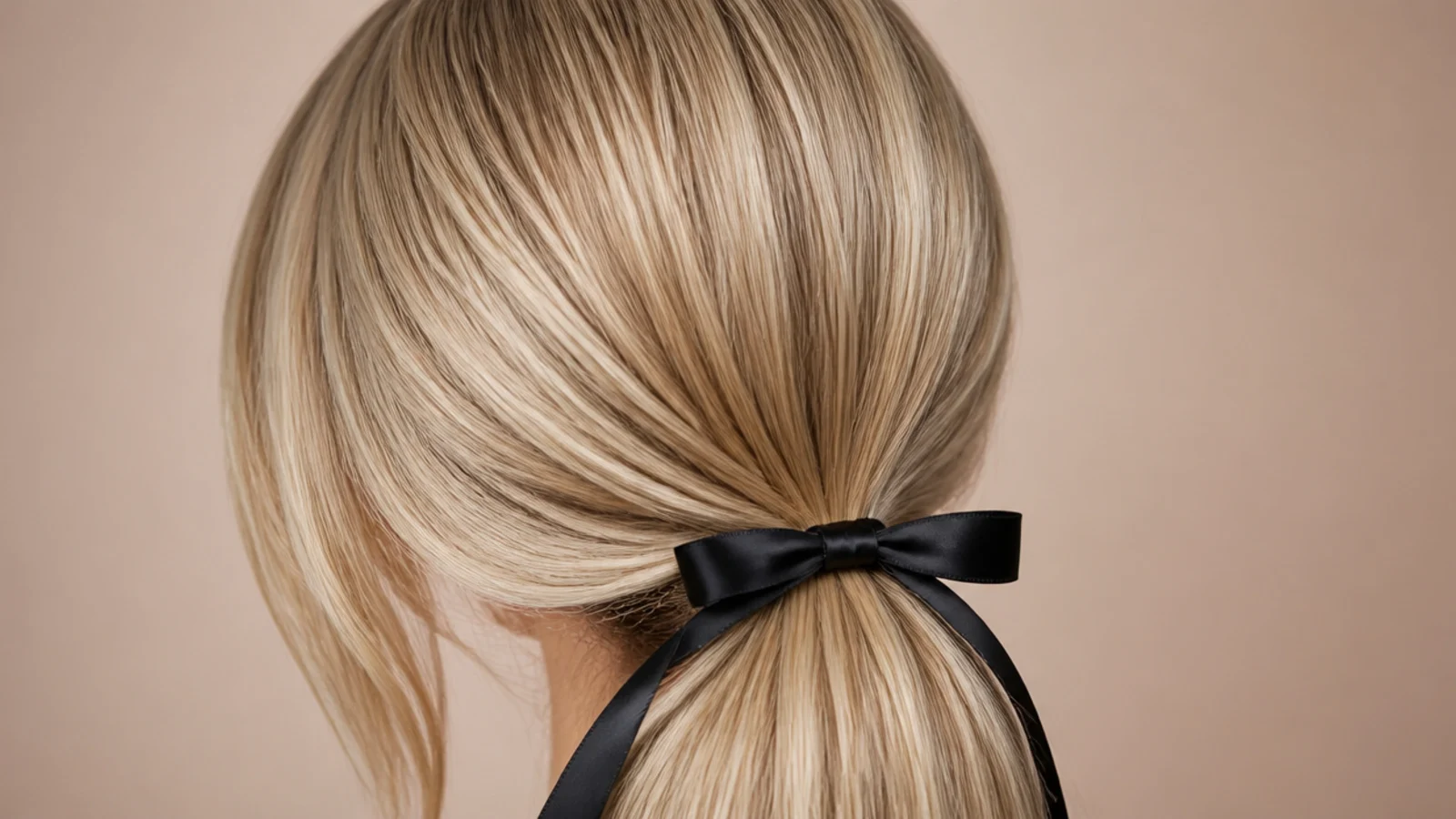 Sleek straight blonde low ponytail tied at the nape with a black satin bow