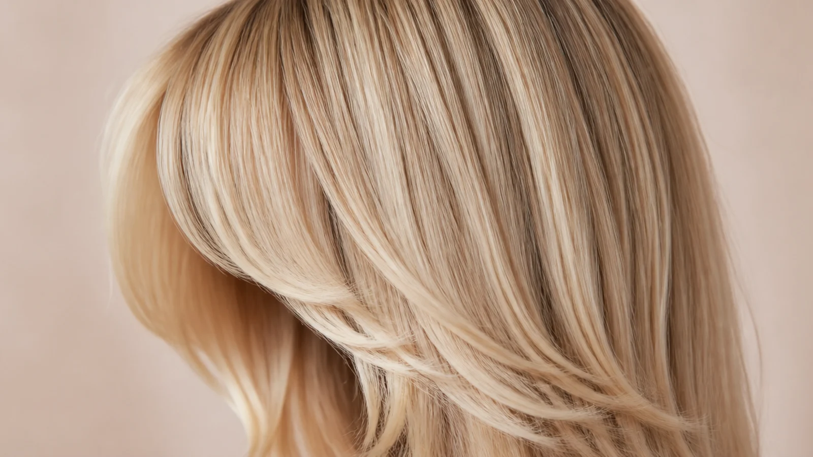 Straight blonde hair with wispy bottleneck bangs narrow at the center and flaring at the cheekbones