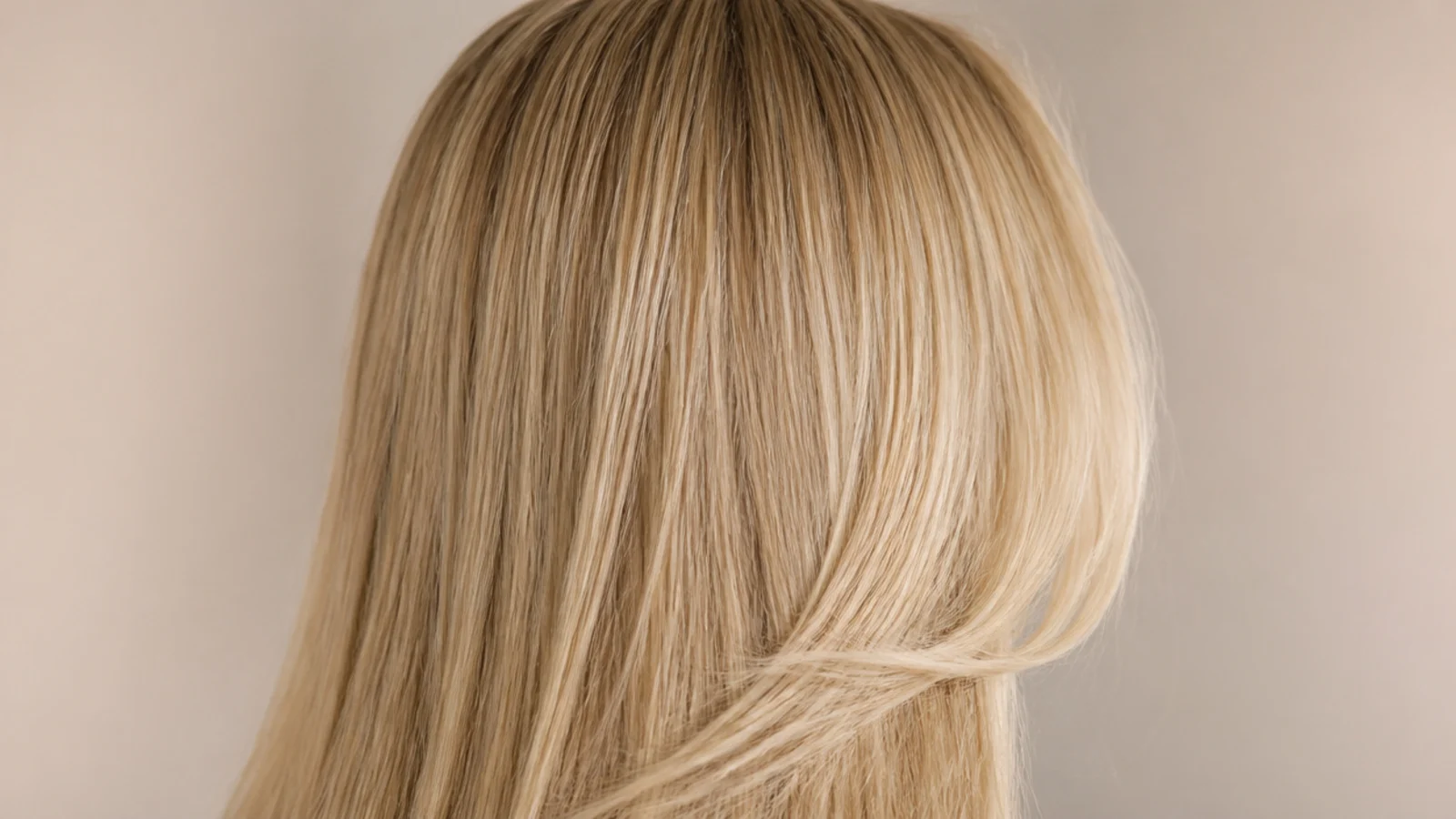 Thick coarse hair straightened smooth into a heavy sleek blonde curtain with tapered ends