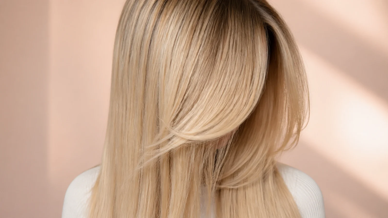 Naturally curly hair pressed smooth into sleek straight blonde lengths with a soft curtain fringe