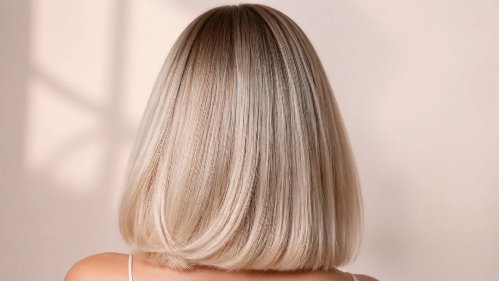 Blunt straight blonde cut ending in a sharp line at the collarbone with a center part