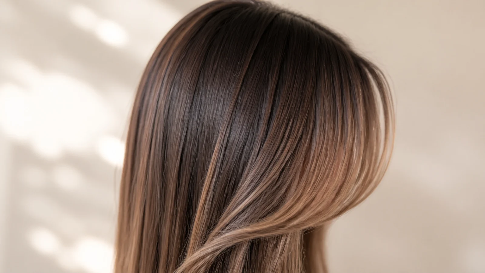 Sleek straight brunette hair with curtain bangs and subtle bronde face-framing pieces