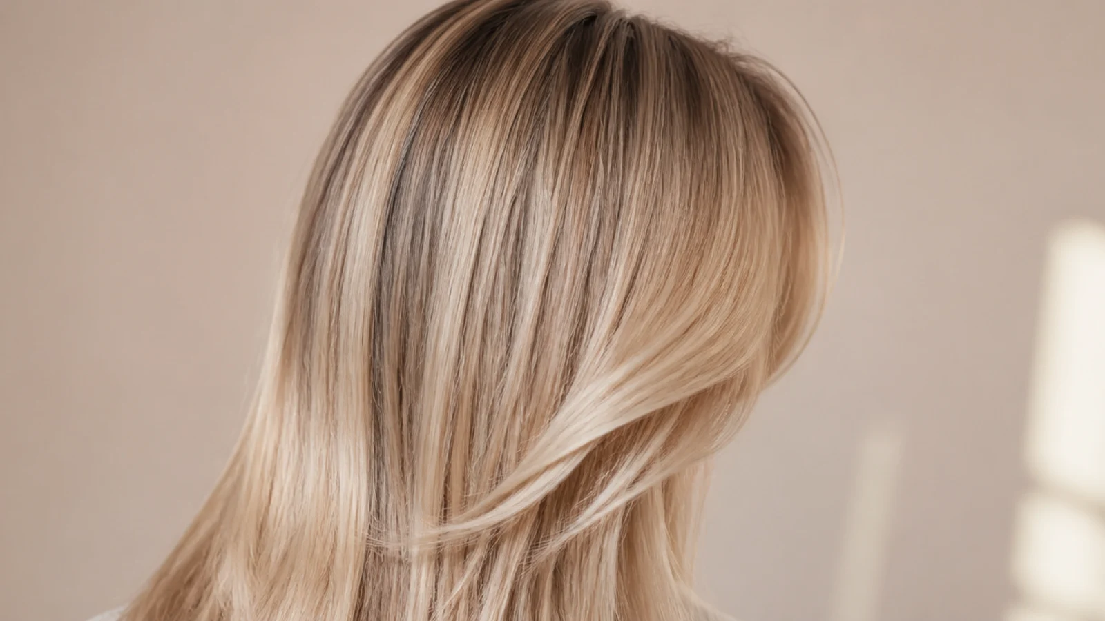 Second-day straight blonde hair refreshed at the roots with dry shampoo and a re-shaped curtain fringe