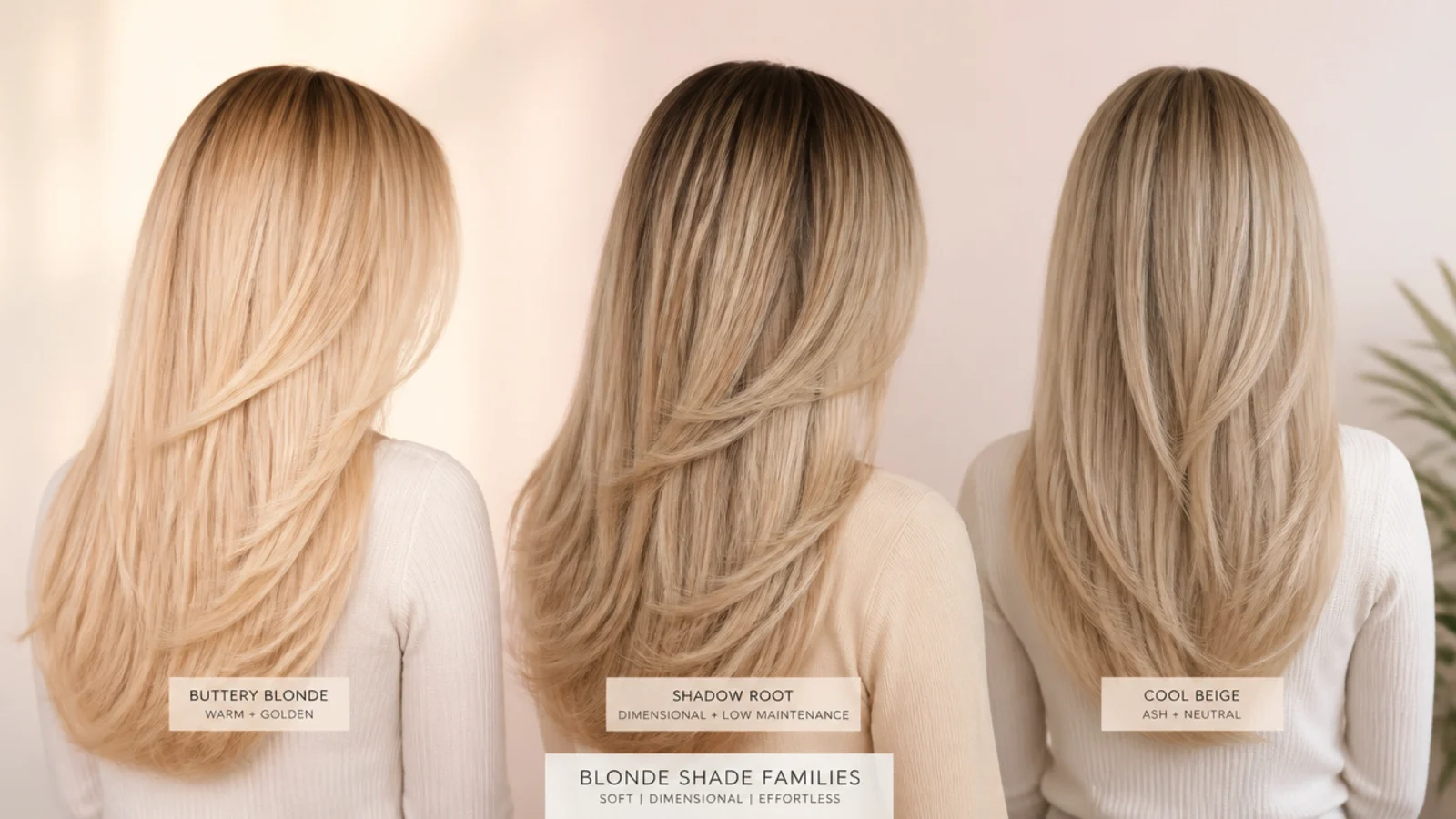 Three straight blonde hair swatches showing buttery blonde, shadow root and cool beige shade families