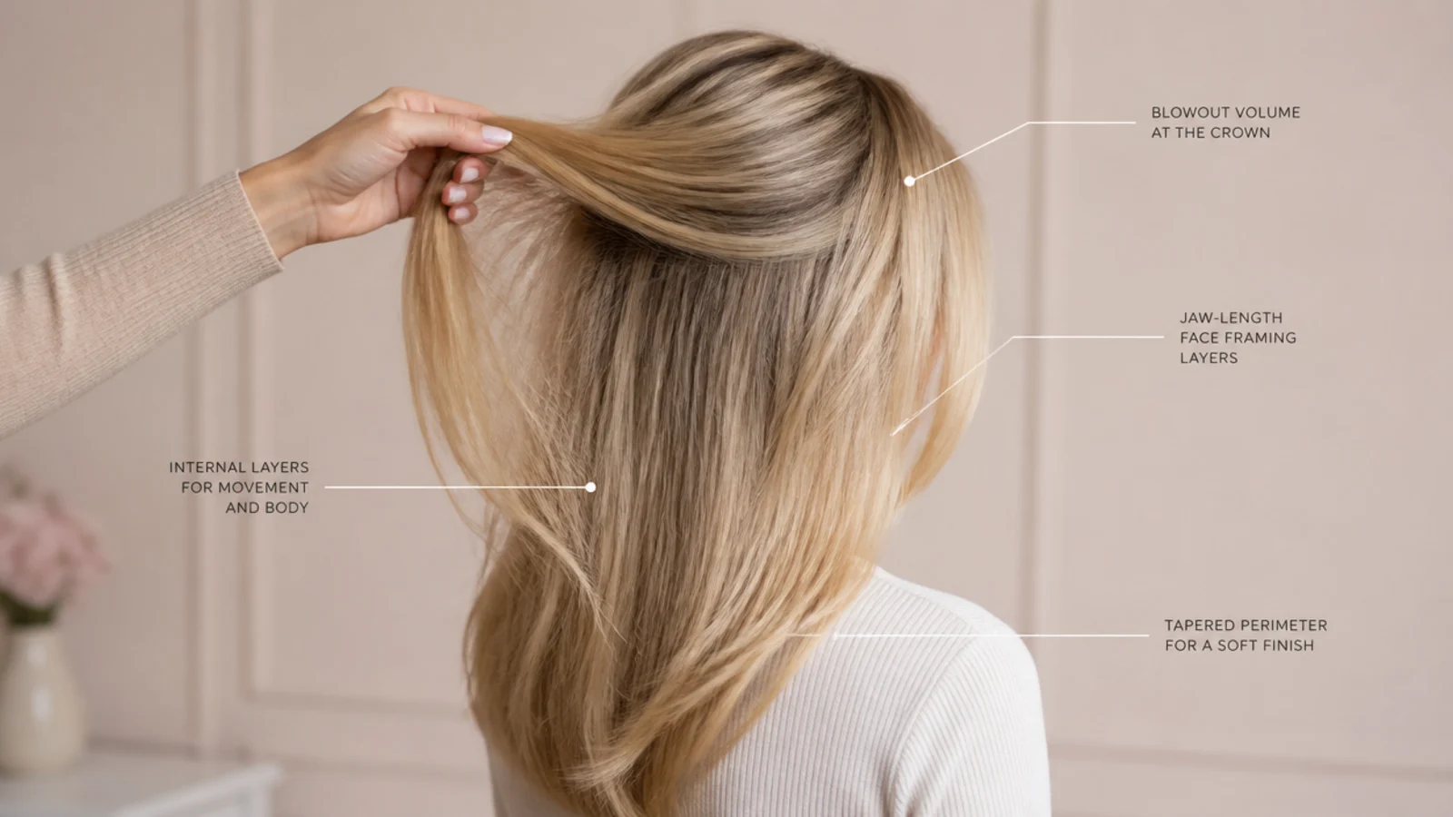 Long straight blonde hair sectioned to show internal layers, jaw-length face framing and a tapered perimeter