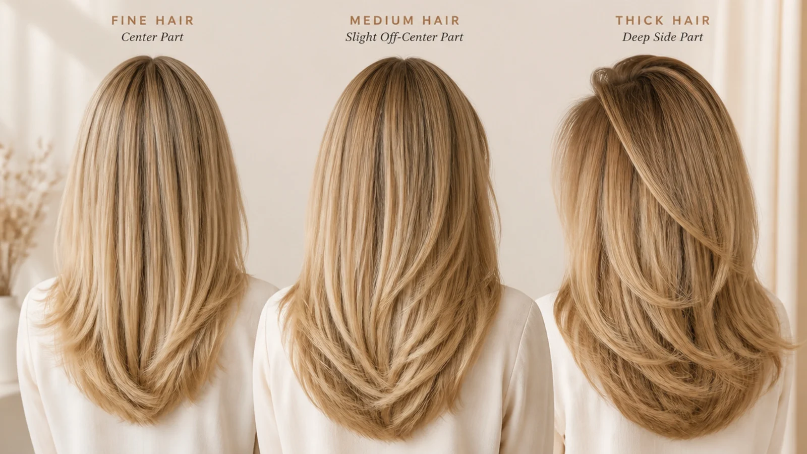 Three straight blonde hairstyles compared for fine, medium and thick hair with different part placements