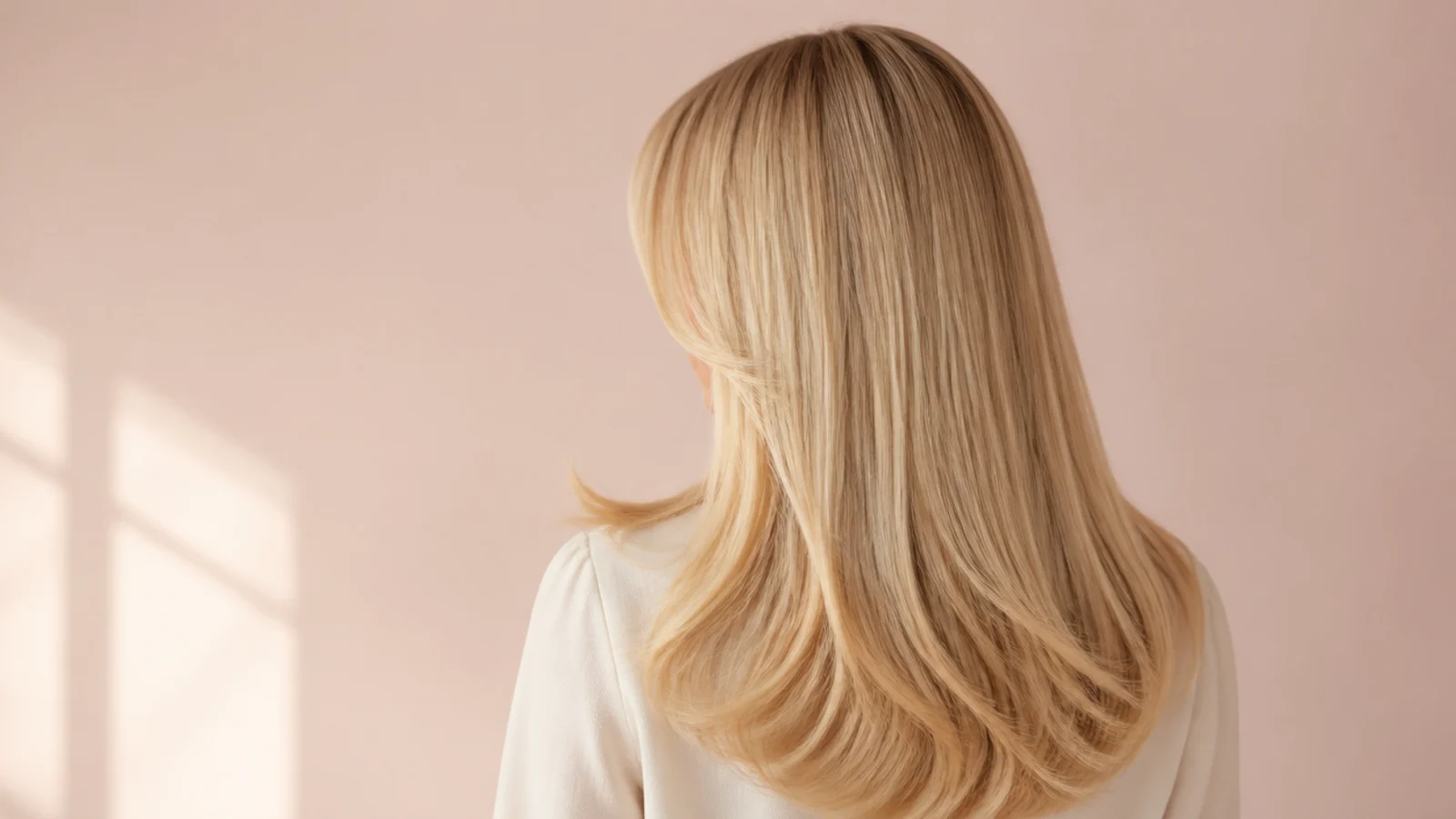 Sabrina Carpenter inspired sleek straight blonde hair with a center part and curtain bangs, shot from behind