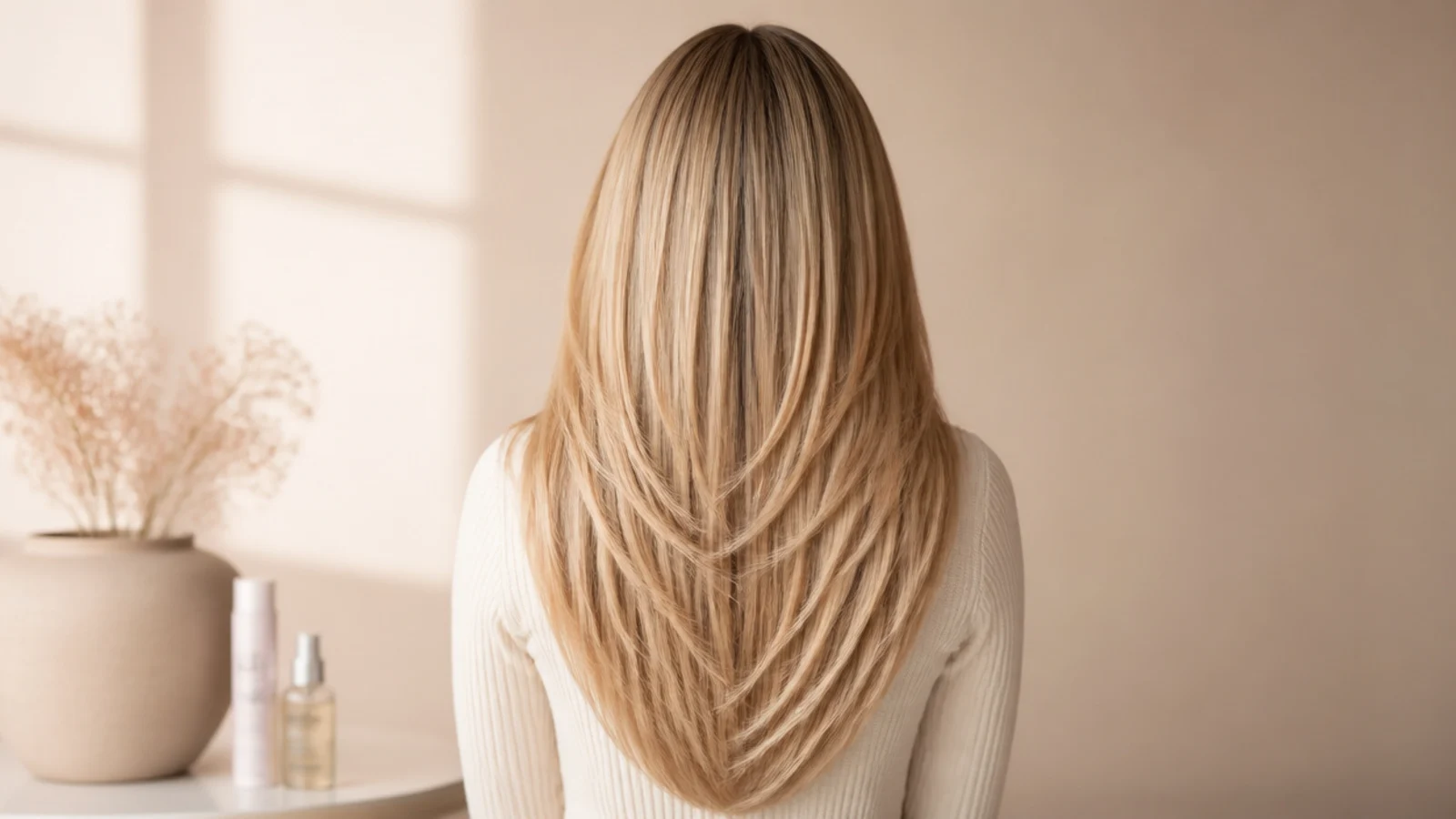 Sleek straight blonde hair viewed from behind showing long layers, tapered ends and a center part