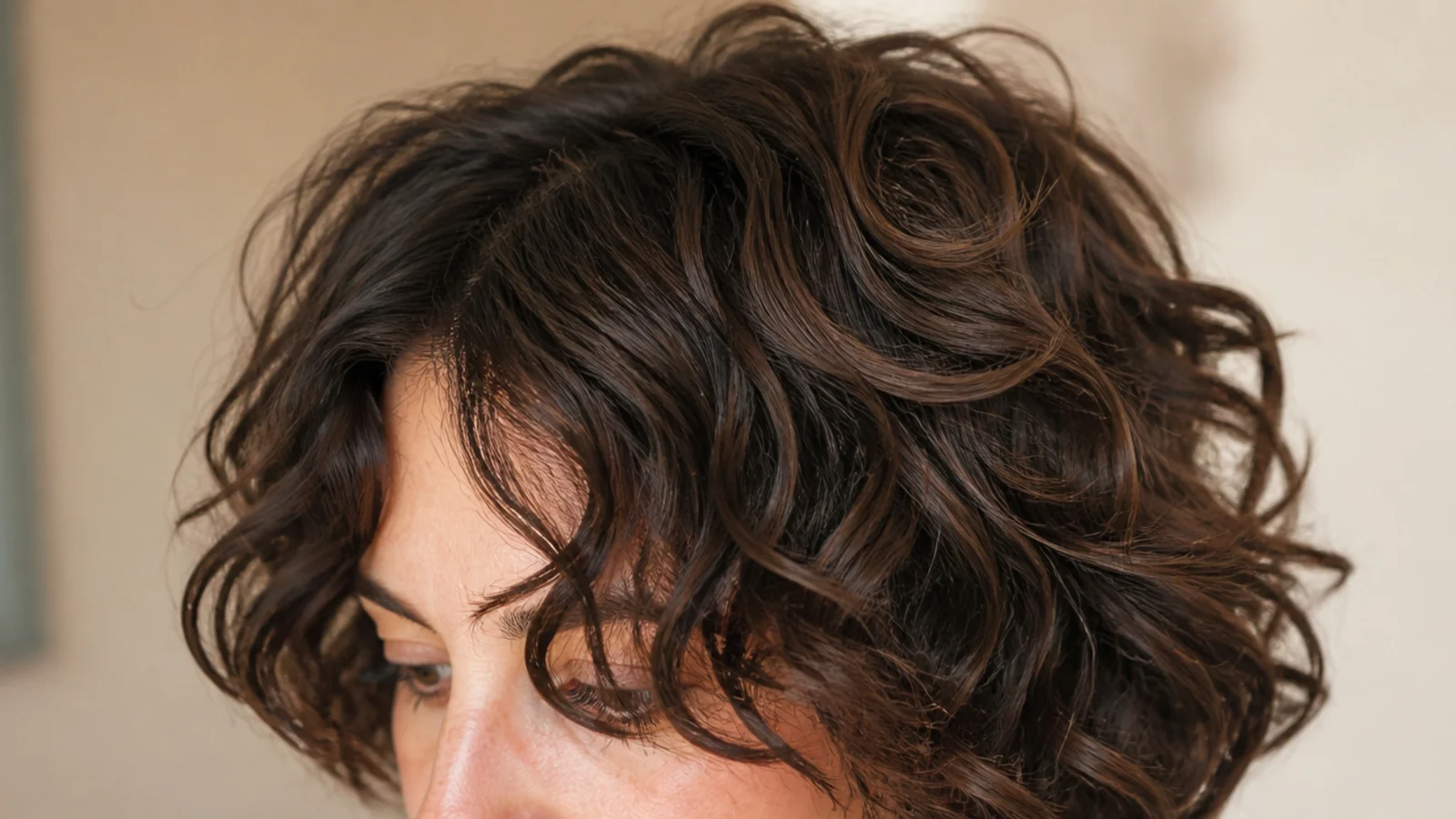Short curly shag haircut with curly short curtain bangs and stacked face-framing layers