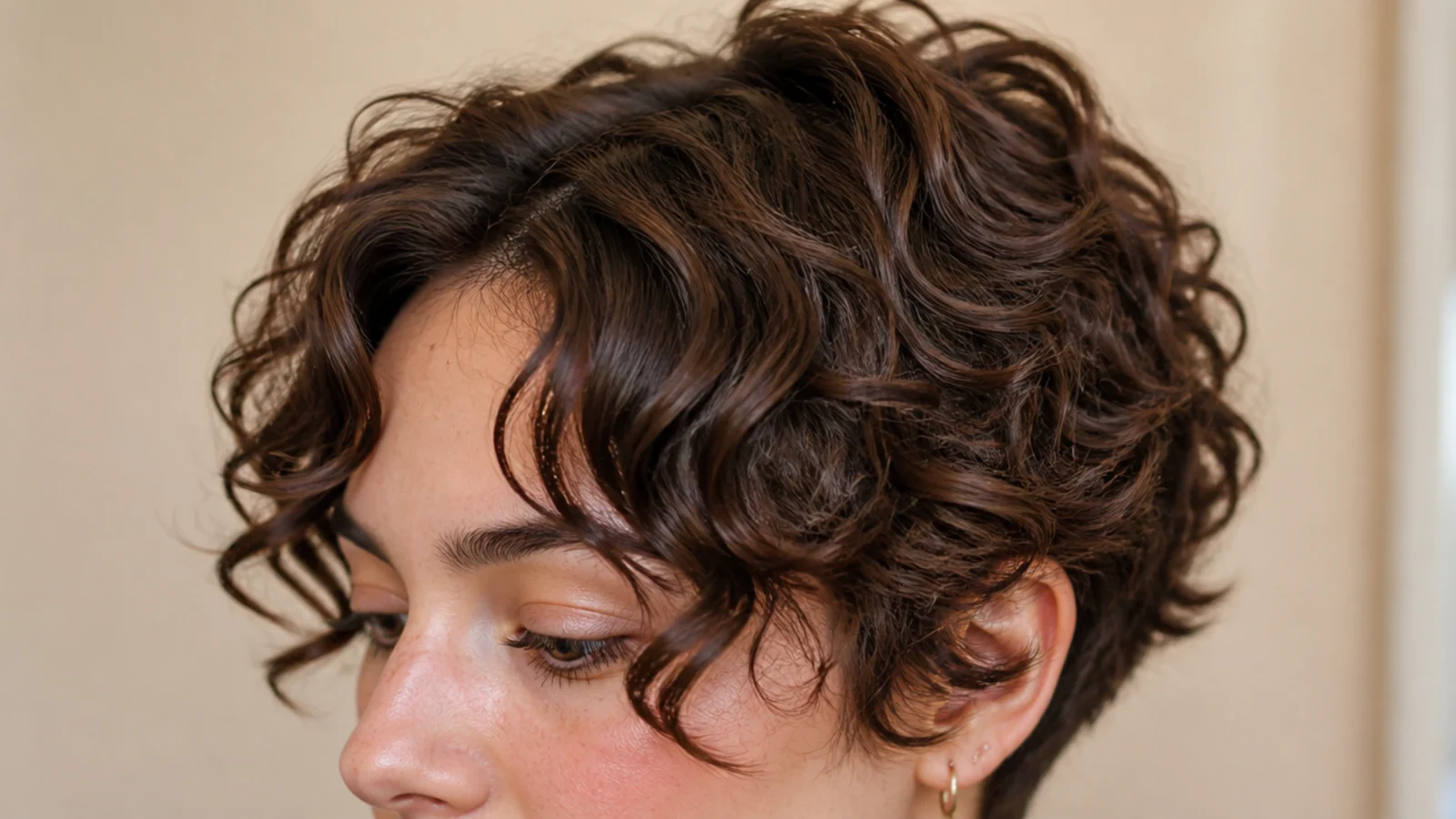 Curly pixie cut with curly short curtain bangs parted in the middle and swept off the forehead