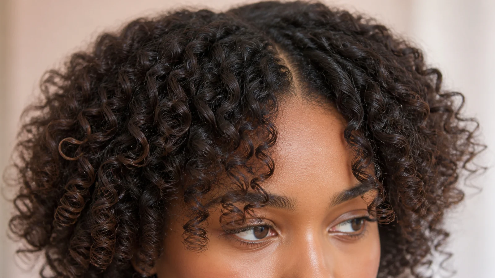 Dense 3c coils cut into curly short curtain bangs opening from a center part