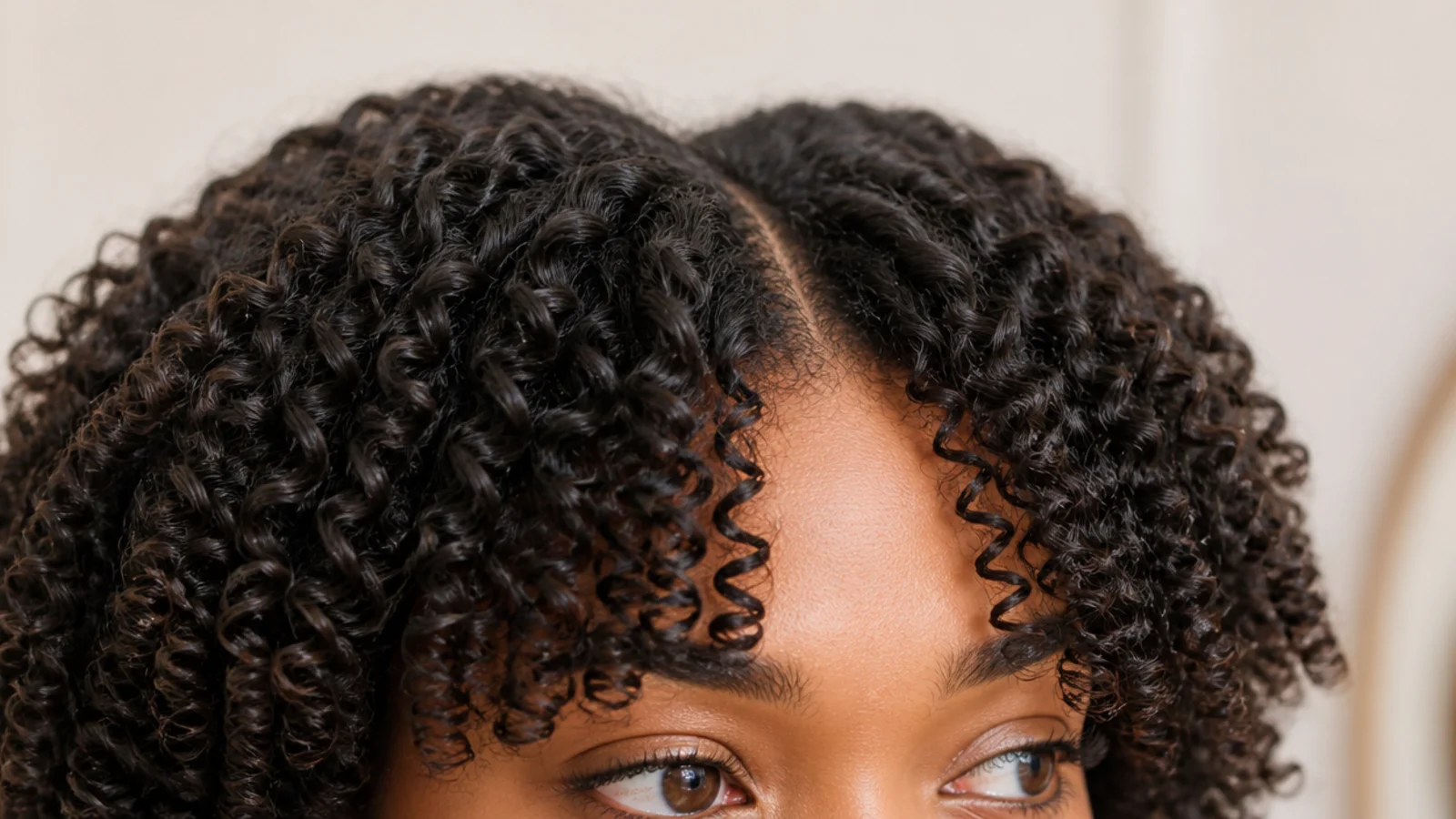 4a coils shaped into curly short curtain bangs with a soft center part and rounded volume