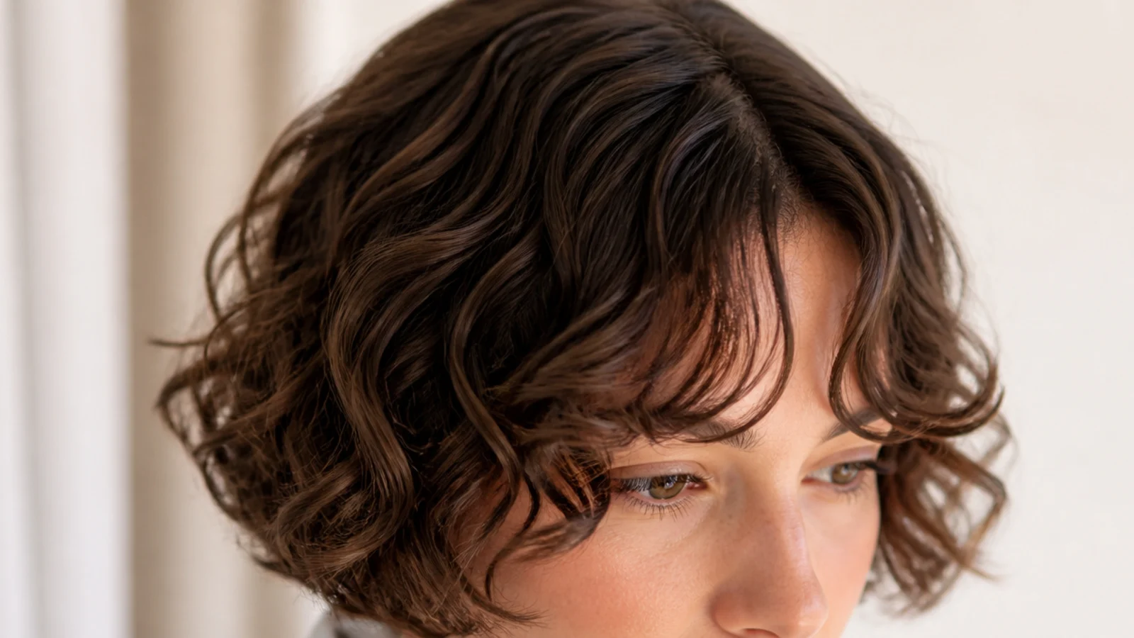 Curly French bob at jaw length with curly short curtain bangs skimming the eyebrows