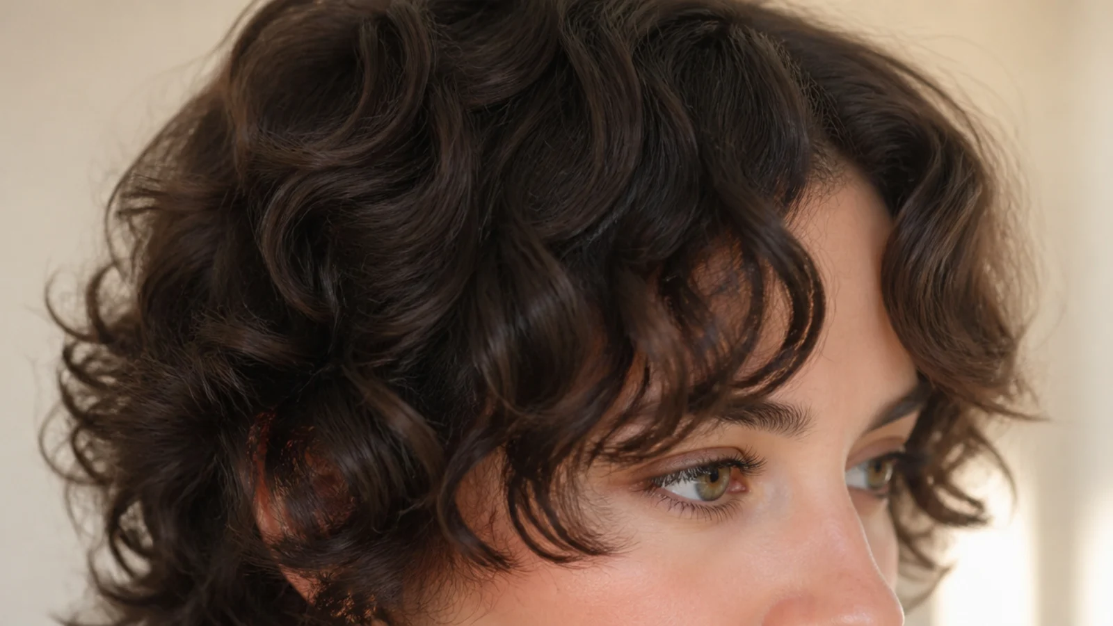 Curly wolf cut with heavy crown layers and curly short curtain bangs framing the eyes