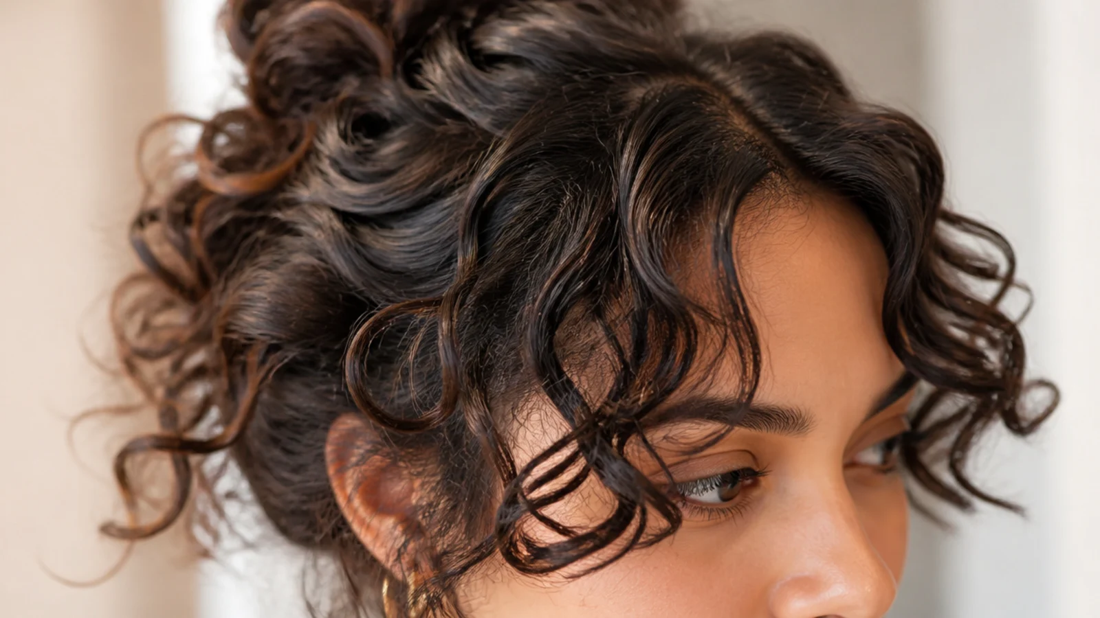 Half-up curly style with curly short curtain bangs left loose to frame the face