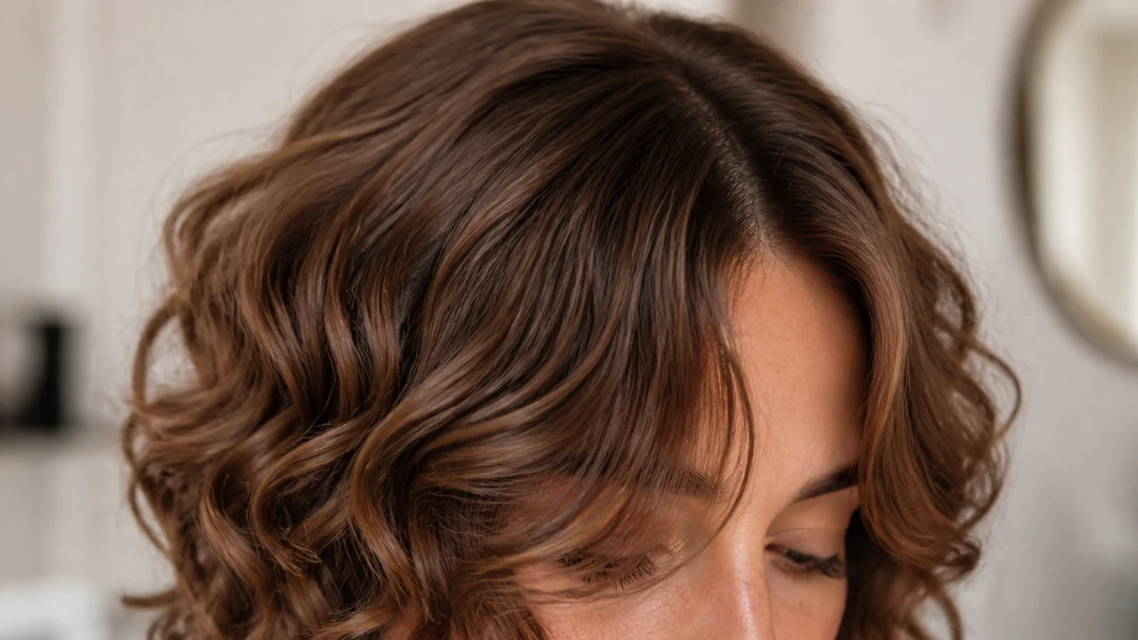 Curly short curtain bangs falling from a deep center part into two even panels