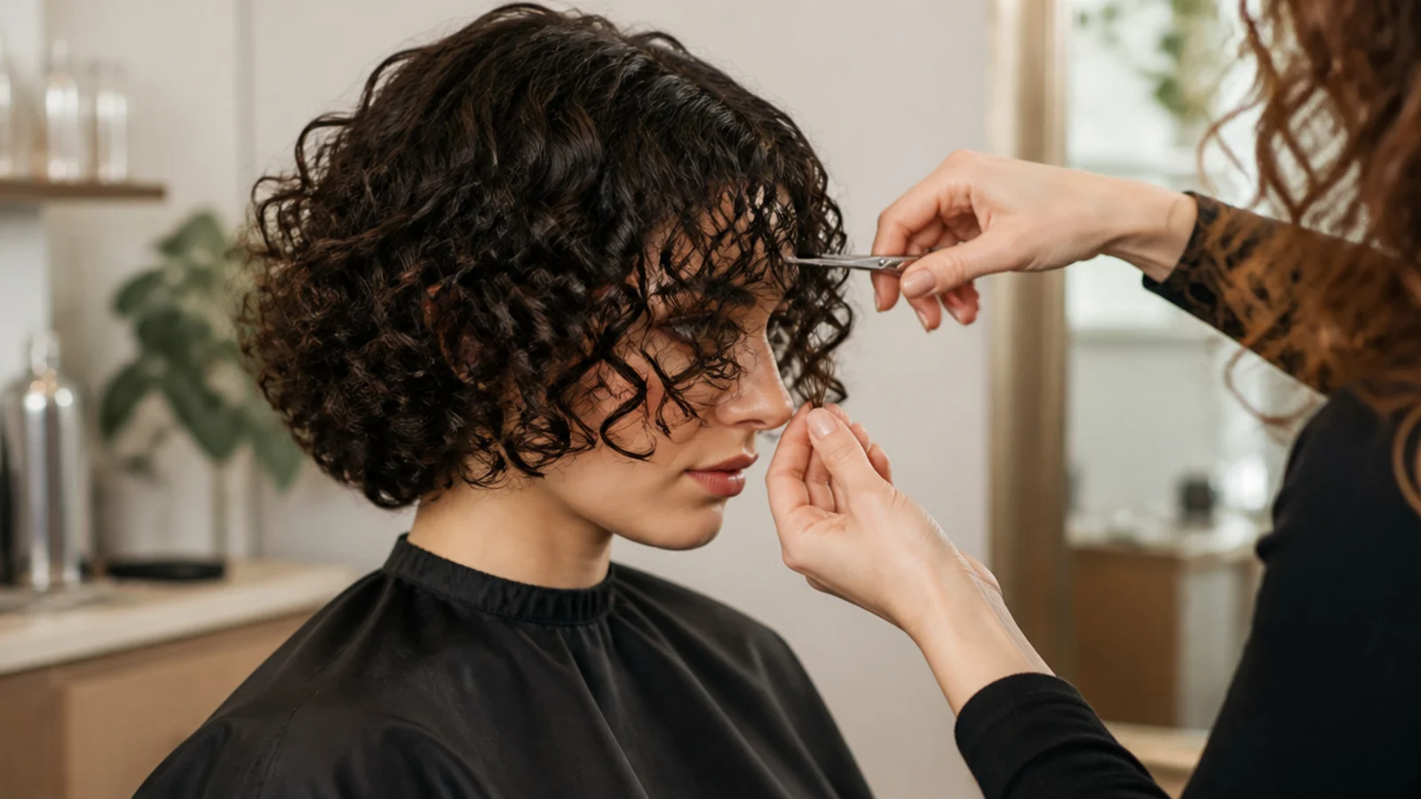 Stylist dry-cutting curly short curtain bangs curl by curl on defined dry spirals