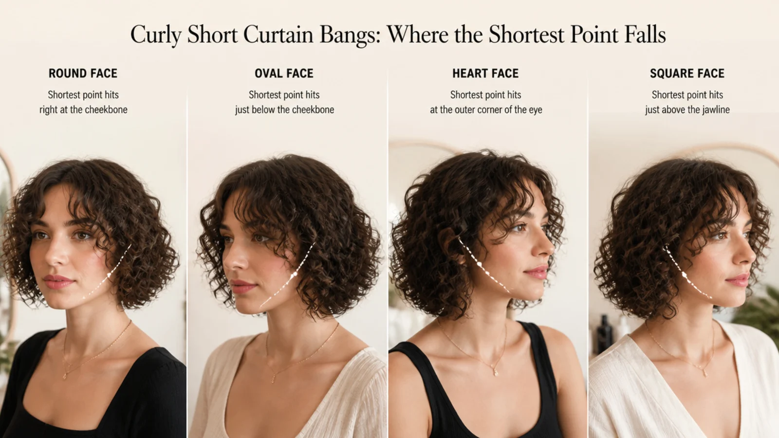 Curly short curtain bangs shown on round, oval, heart and square face shapes