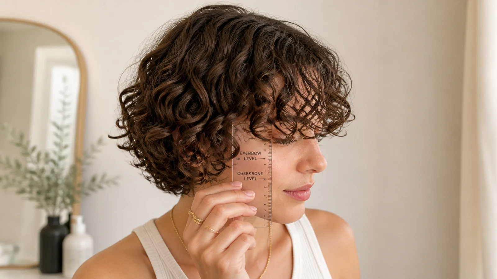 Curly short curtain bangs measured at eyebrow level showing the shortest safe length on curly hair