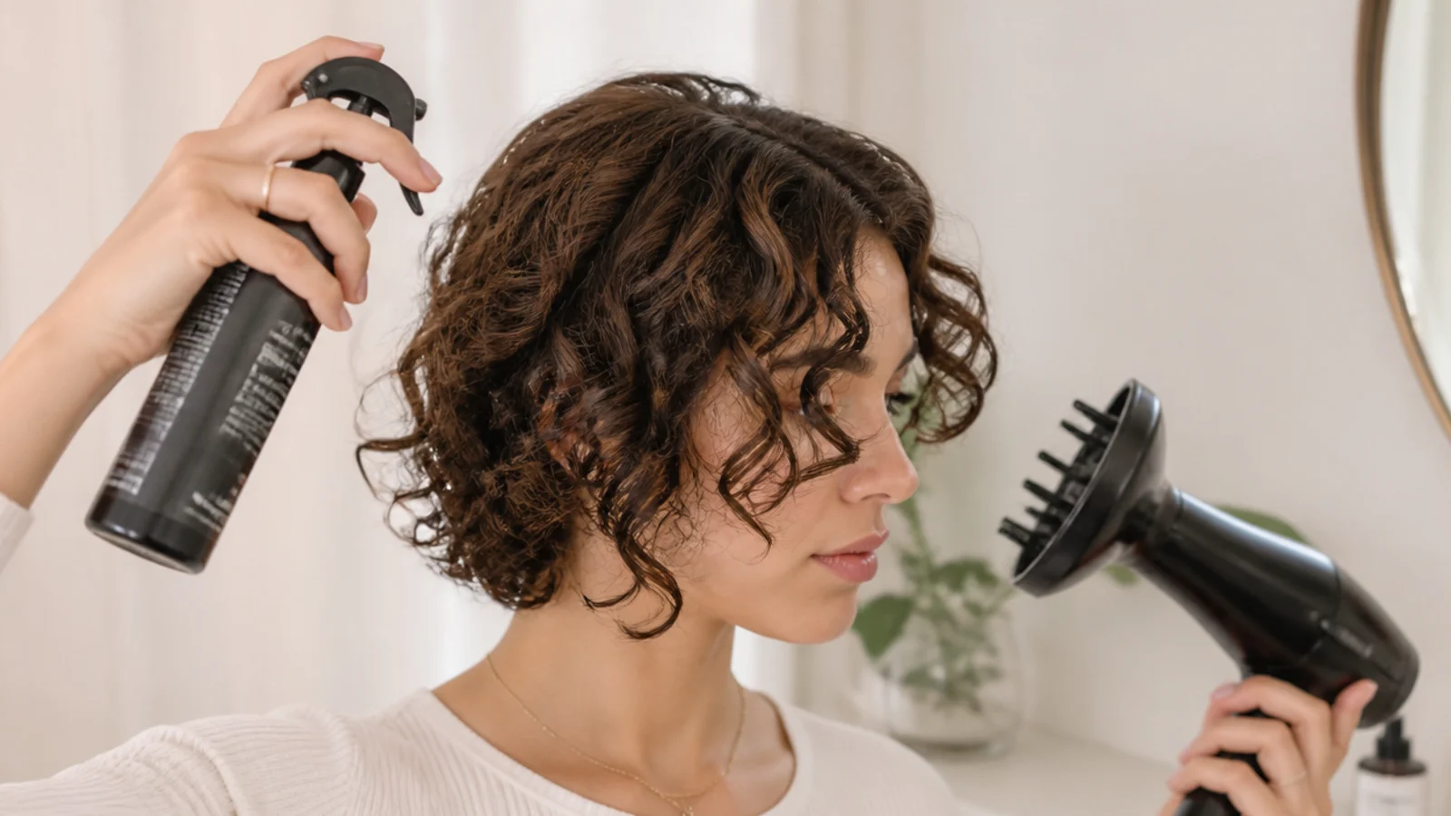 Refreshing curly short curtain bangs at home with a spray bottle and a diffuser