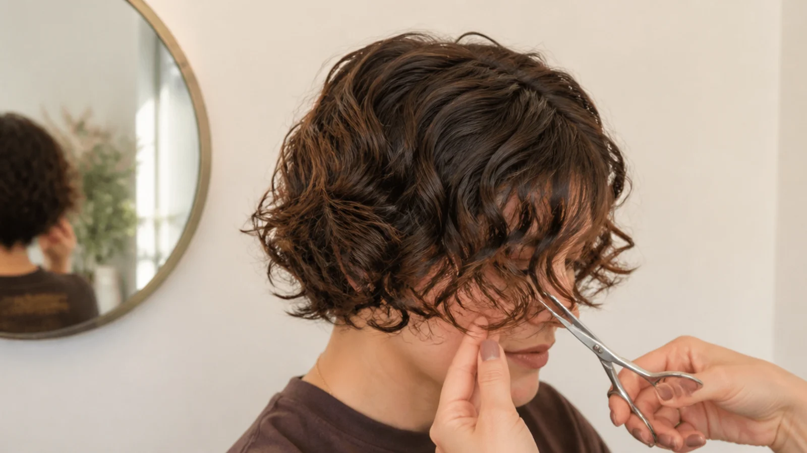 Fringe trim on curly short curtain bangs at the three to five week mark