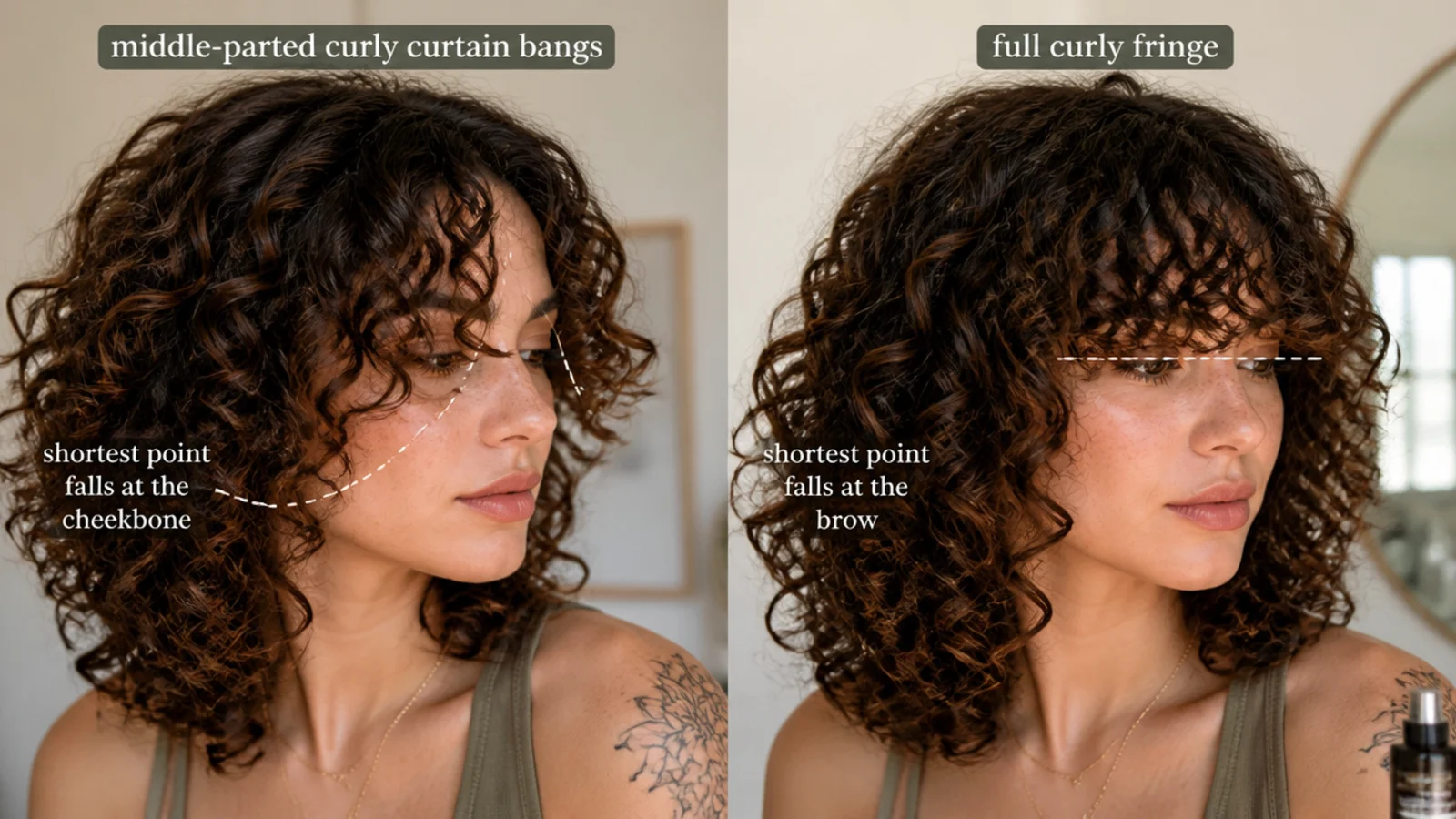Side by side comparison of curly short curtain bangs parted in the middle and a full curly fringe cut straight across