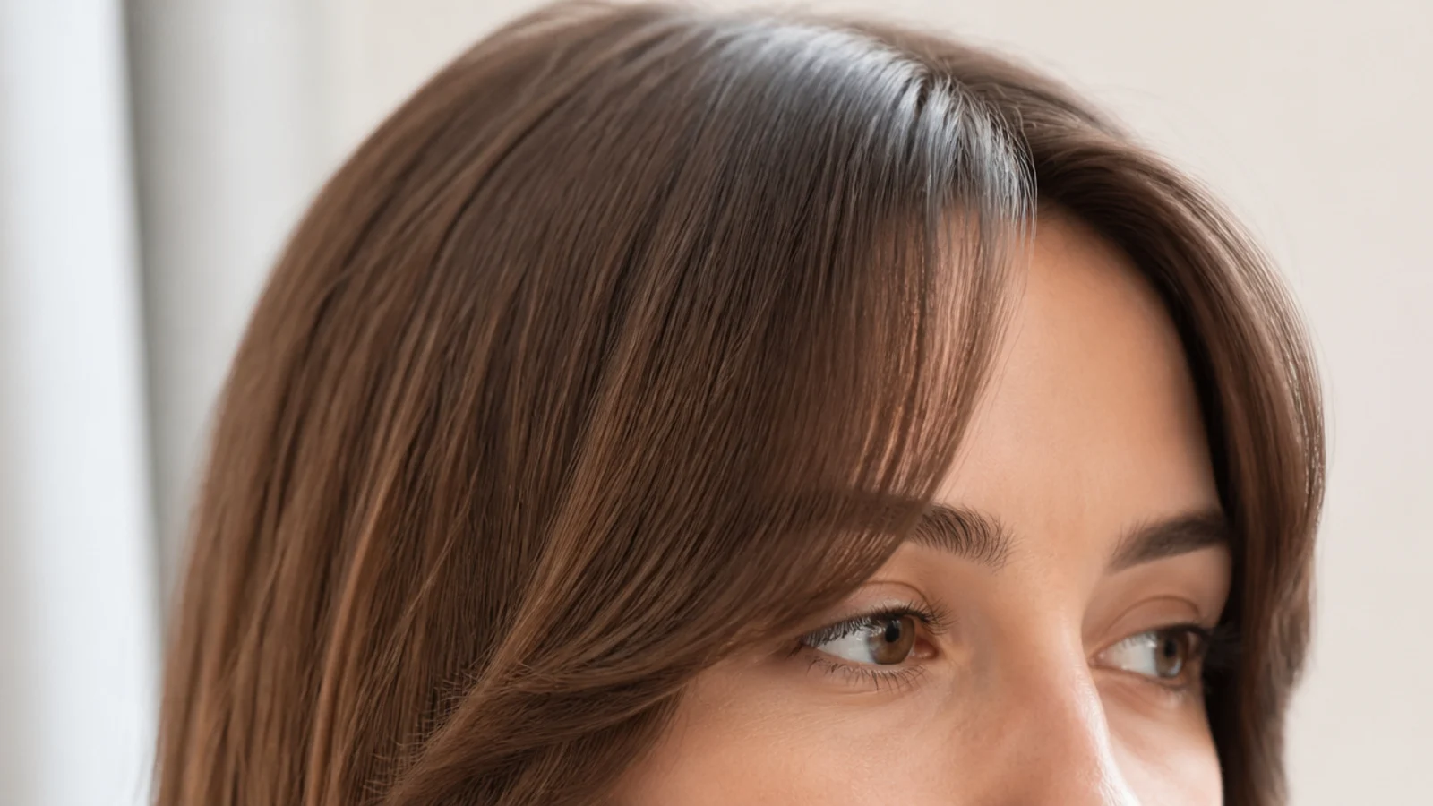 Freshly cut short curtain bangs skimming the eyebrows with a soft center part and tapered ends