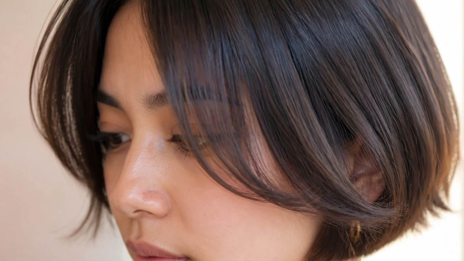 Chin length bob with center-parted short curtain bangs brushing the eyebrows and flicked outward