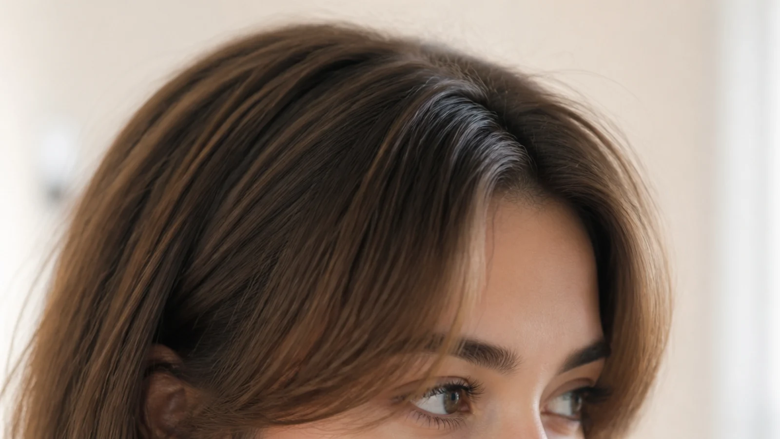 Grown out short curtain bangs styled into a deep side part and blow-dried across the forehead