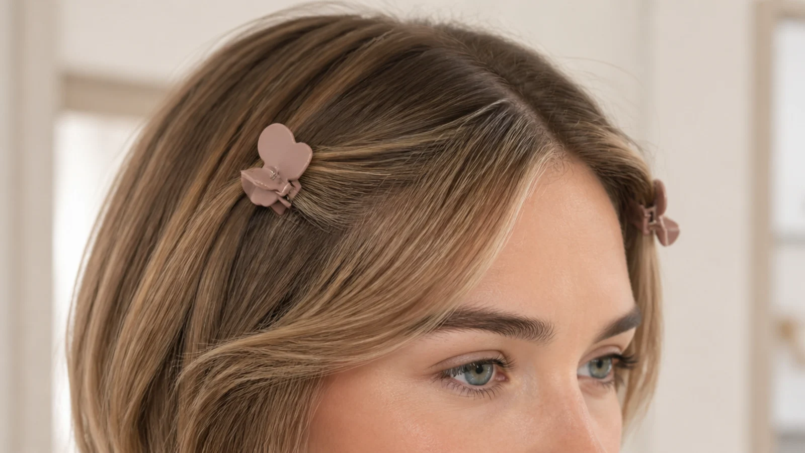 Grown out short curtain bangs pinned back with two small no-crease clips above the temples