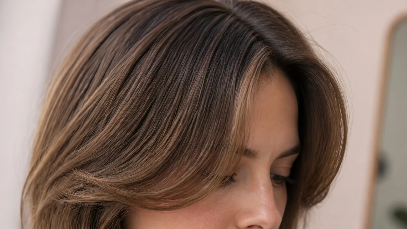Grown out short curtain bangs reaching the cheekbone with a soft center part and outward bend