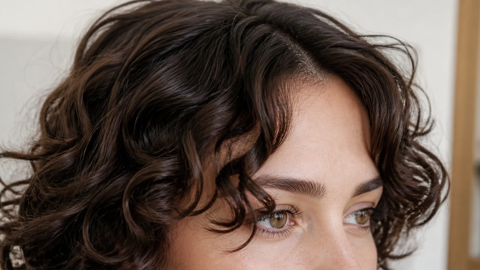 Curly grown out short curtain bangs defined curl by curl and swept away from the center part