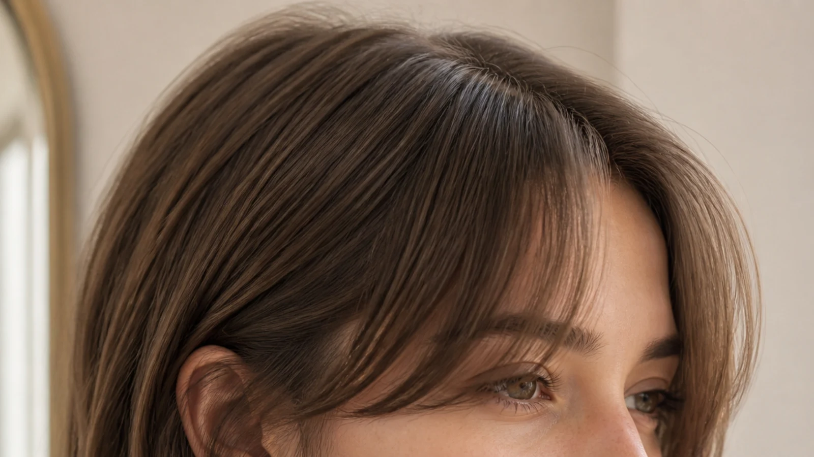 Straight fine grown out short curtain bangs with root lift at the fringe and tapered soft ends