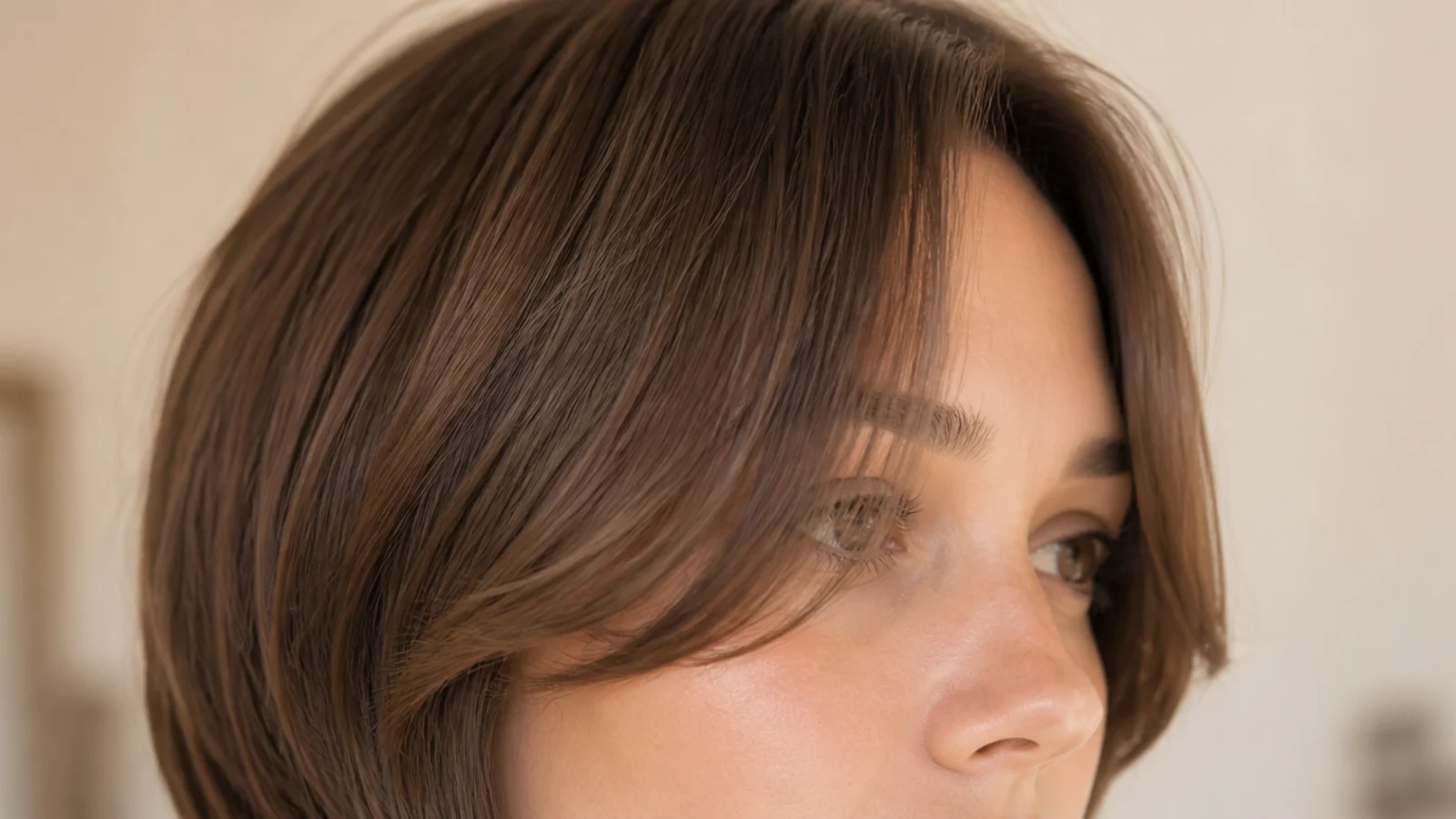 Grown out short curtain bangs at jawline length blending into the first face-framing layer