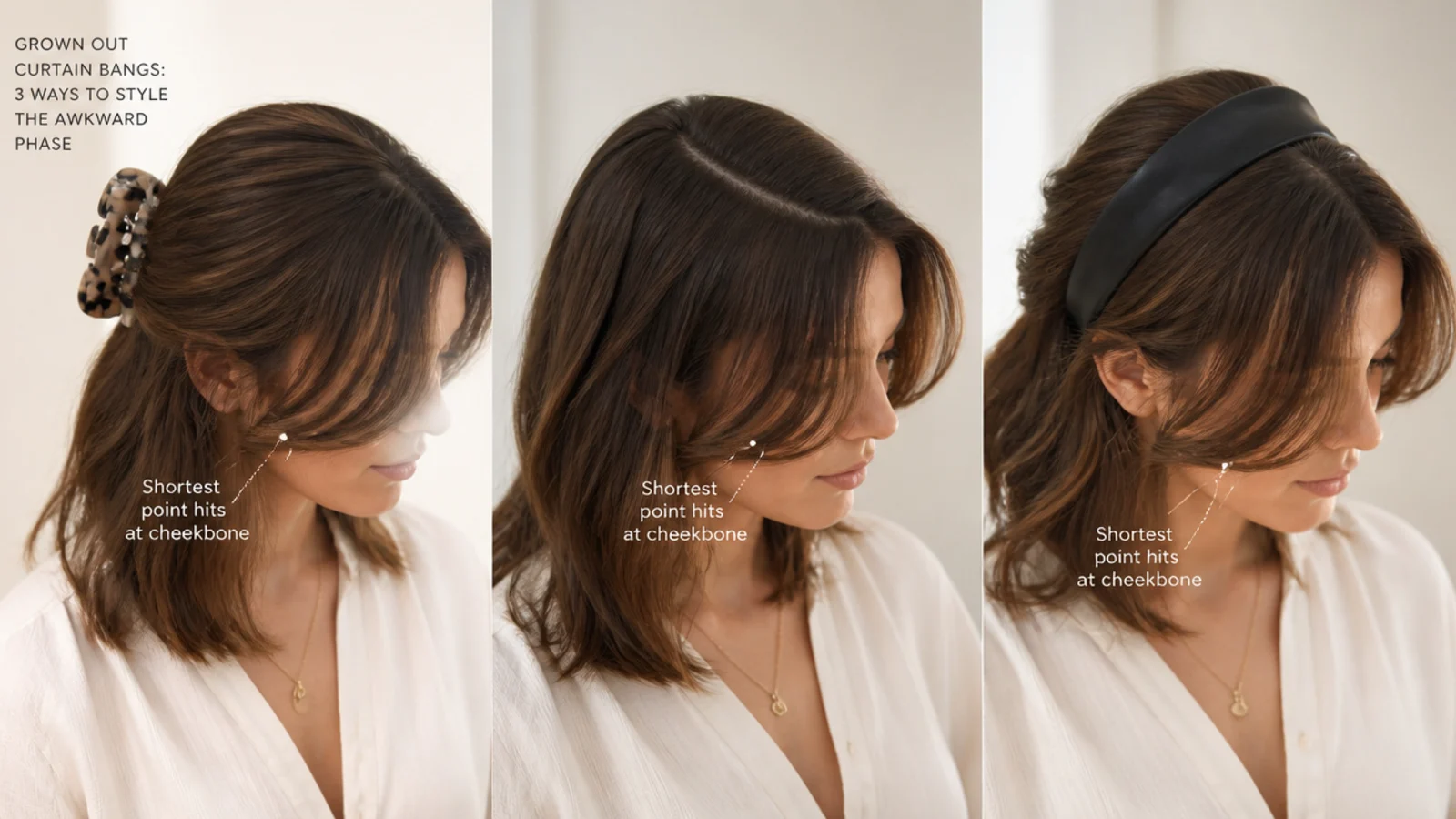 Grown out short curtain bangs in the awkward phase styled three ways with clips, a side part and a headband