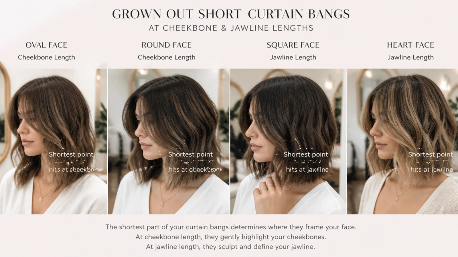 Four face shapes compared with grown out short curtain bangs at cheekbone and jawline lengths