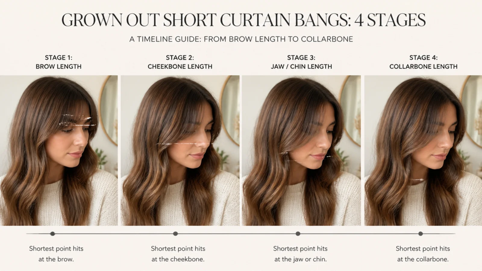 Timeline chart showing grown out short curtain bangs at four stages from brow length to collarbone