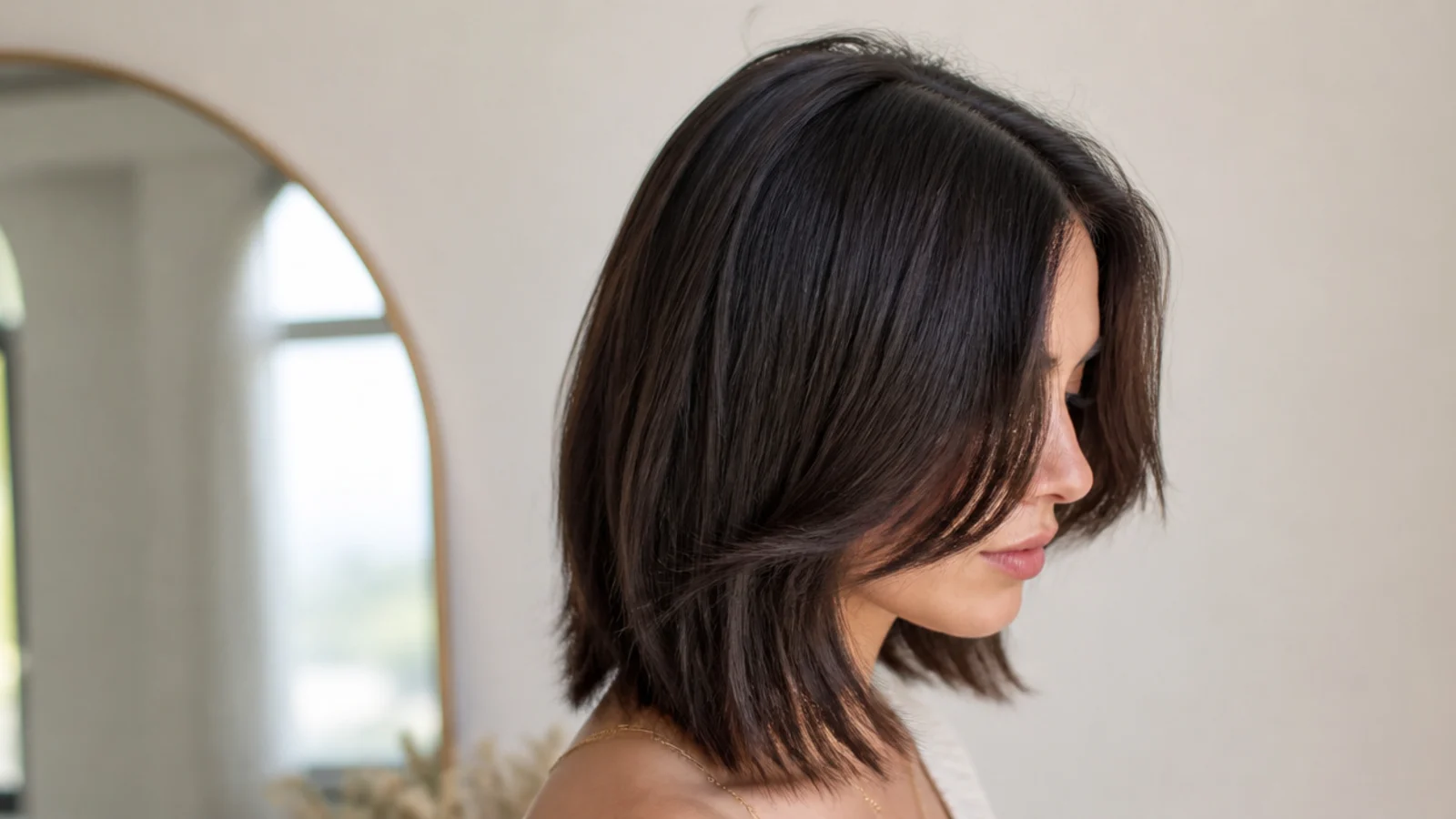 Grown out short curtain bangs at cheekbone length parted in the center and swept away from the face