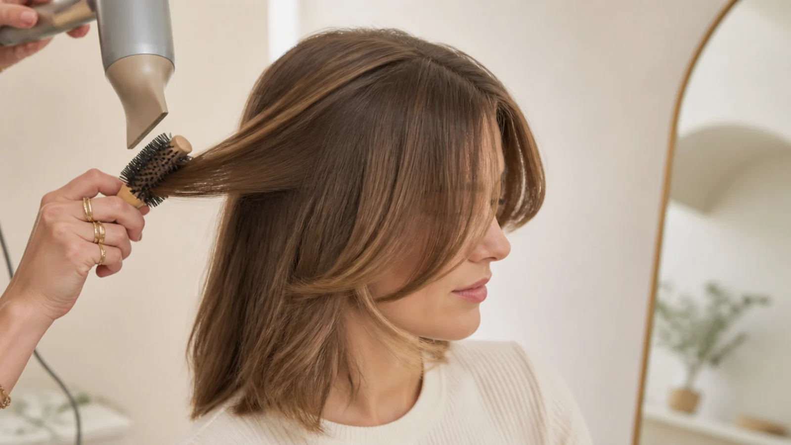 Round brush and blow dryer styling grown out short curtain bangs away from a center part
