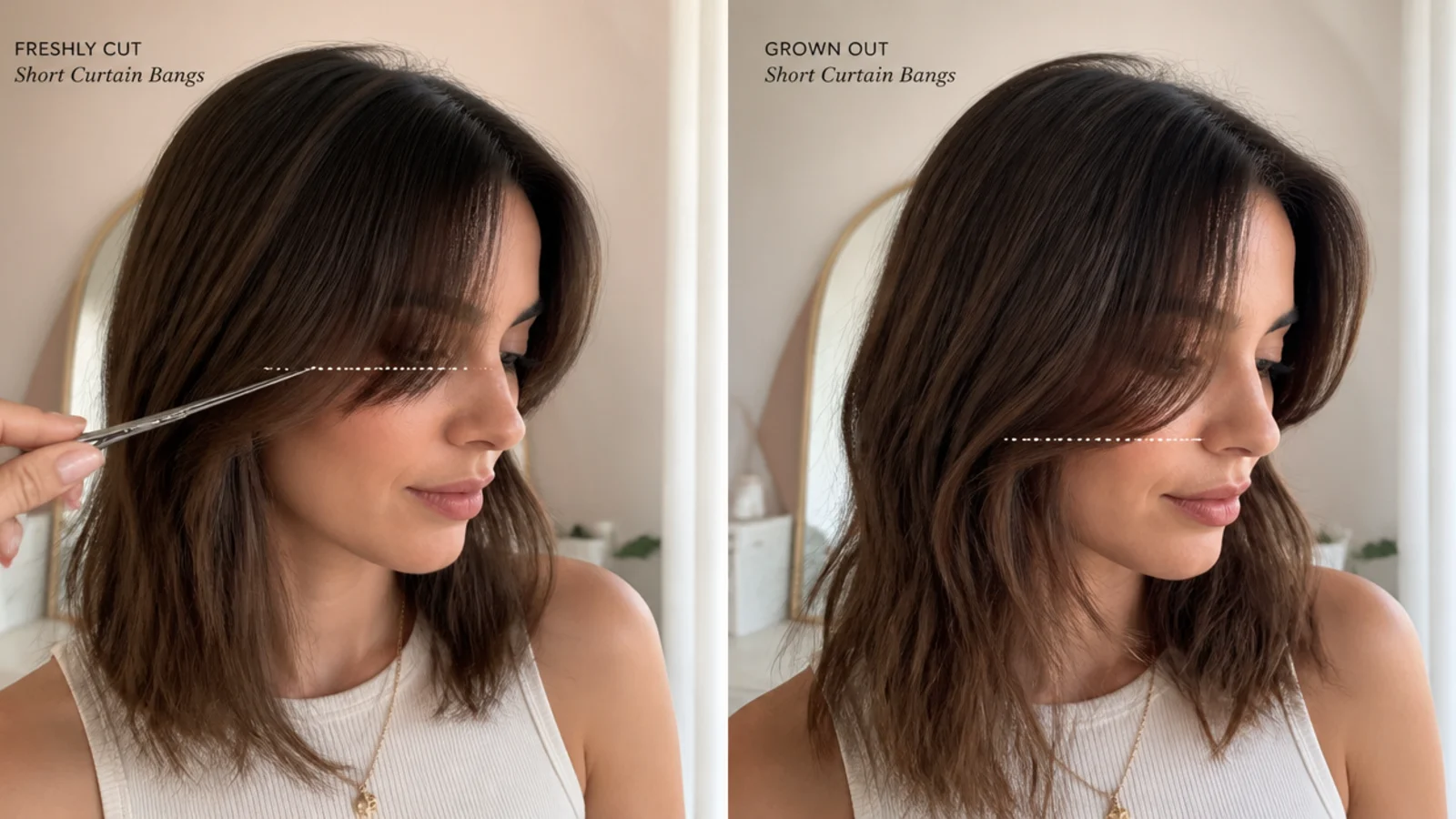 Side by side comparison of freshly cut short curtain bangs and grown out short curtain bangs at cheekbone length