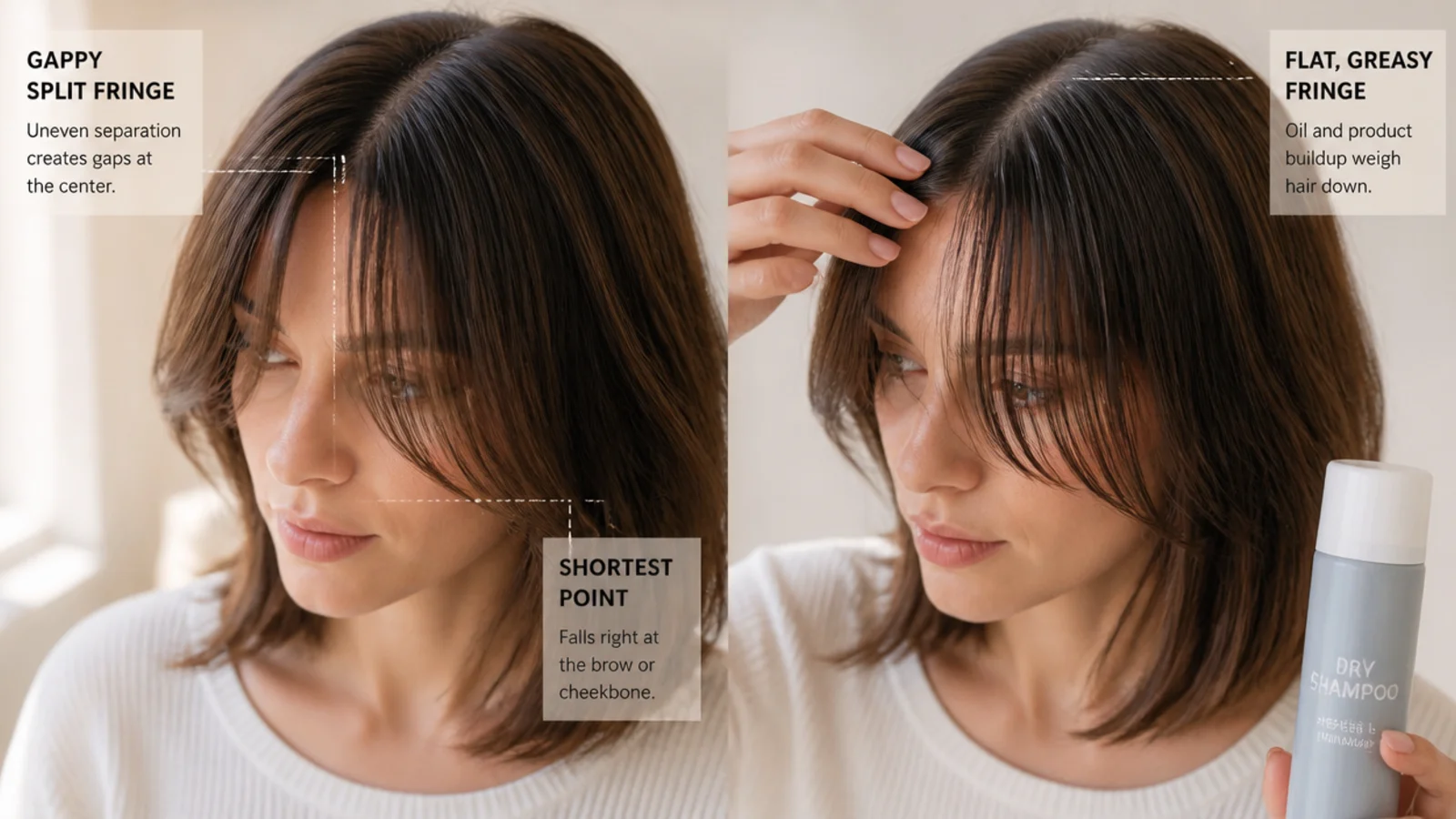 Common short curtain bangs problems including a gappy split fringe and a flat greasy fringe