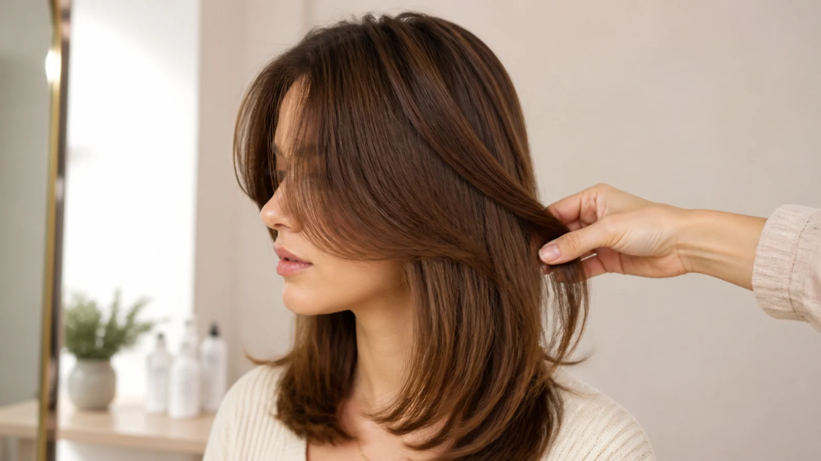 Grown out short curtain bangs blending into face-framing layers after several months