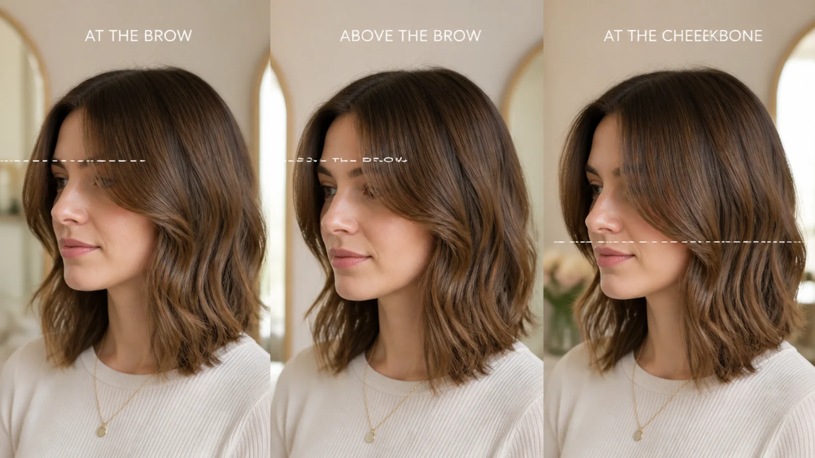 Three short curtain bangs compared at the brow, above the brow and at the cheekbone