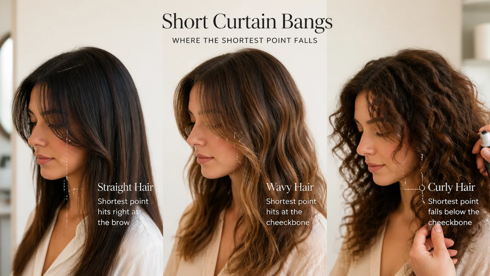 Short curtain bangs on straight, wavy and curly hair showing different cutting requirements